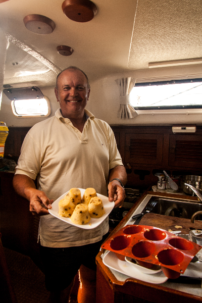 Learning to cook great food in our small galley.