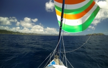 Approaching Whangaroa with the Irish Flag flying